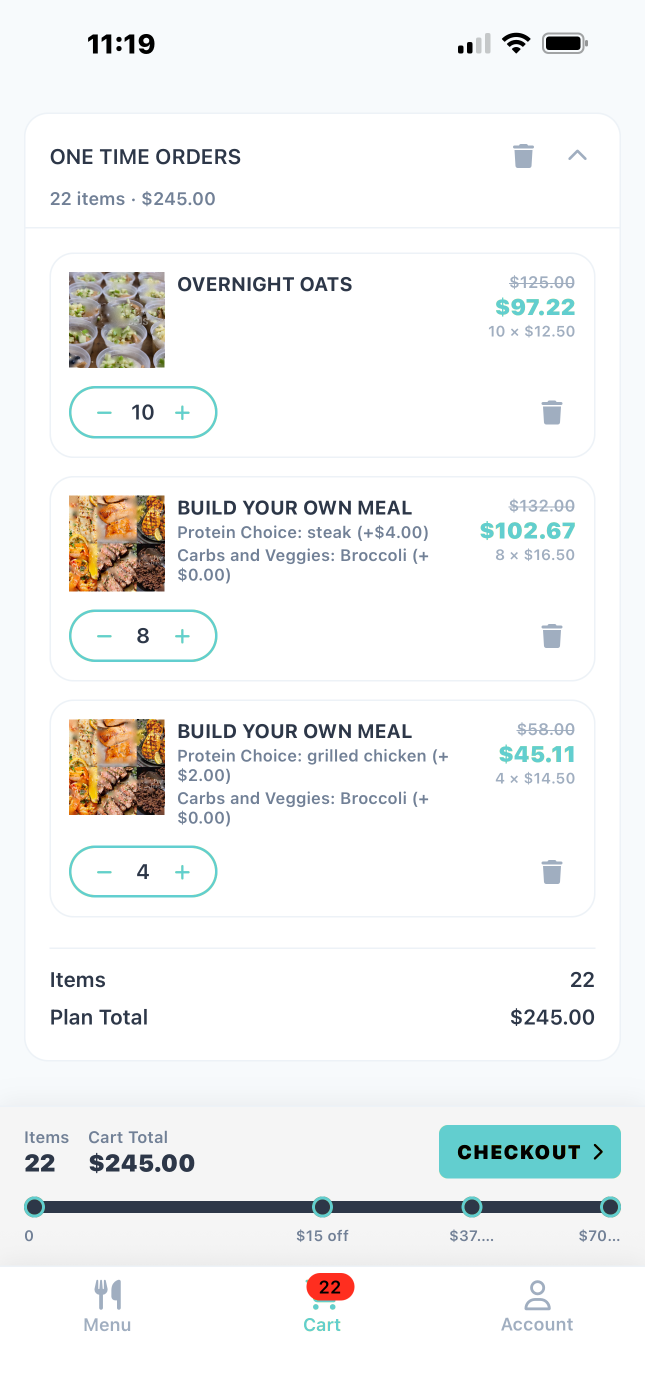 Customer app cart with discounted line items and checkout