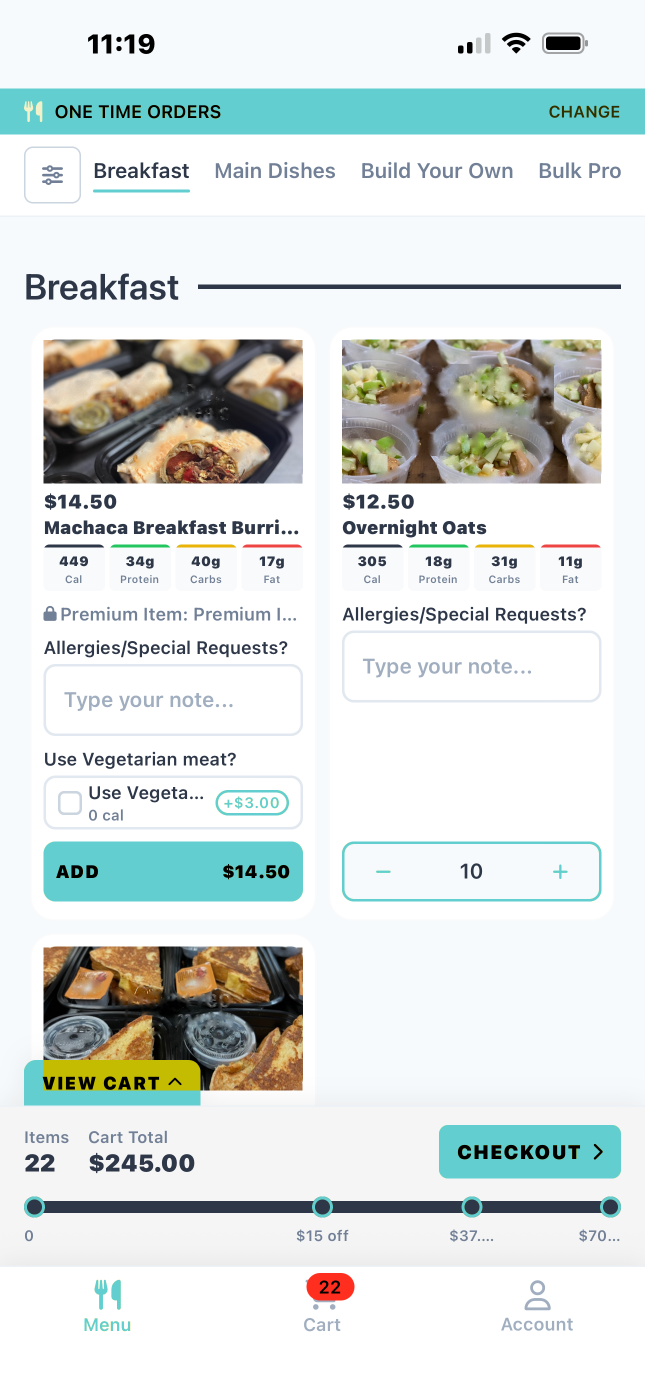 Customer app menu with meals, macros, add-ons and cart total